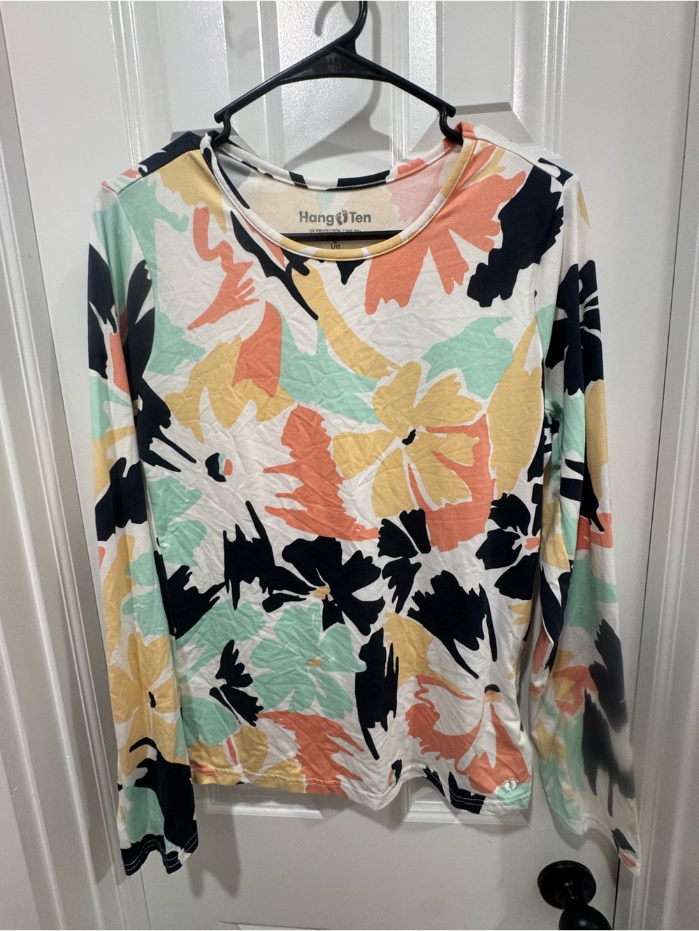 Hang Ten Long Sleeve Floral Print Top - Mint, Coral, Yellow, Black